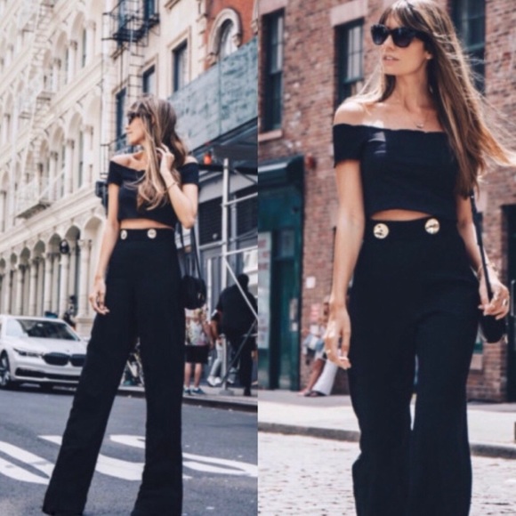 Zara high waisted gold button black flare wide leg pants - Picture 4 of 6